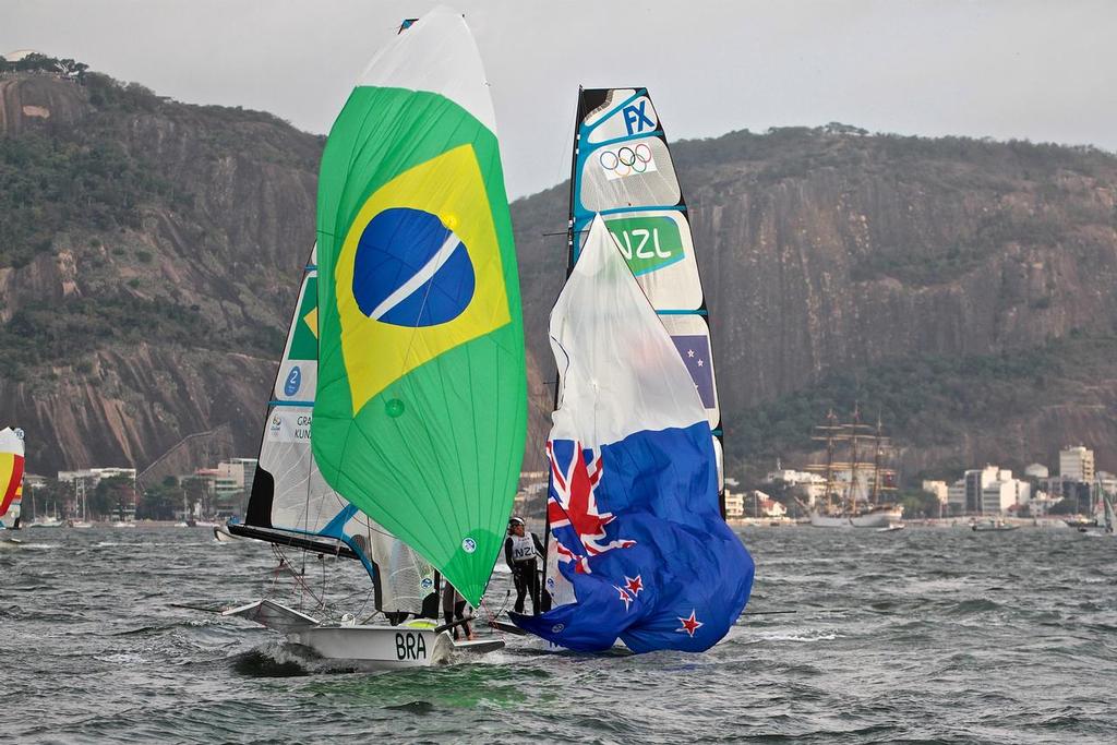 Martina Grael and Kahena Kunze (BRA) sneak through the New Zealand crew to take the Gold medal in the 49erFX - Rio Olympics © Richard Gladwell www.photosport.co.nz